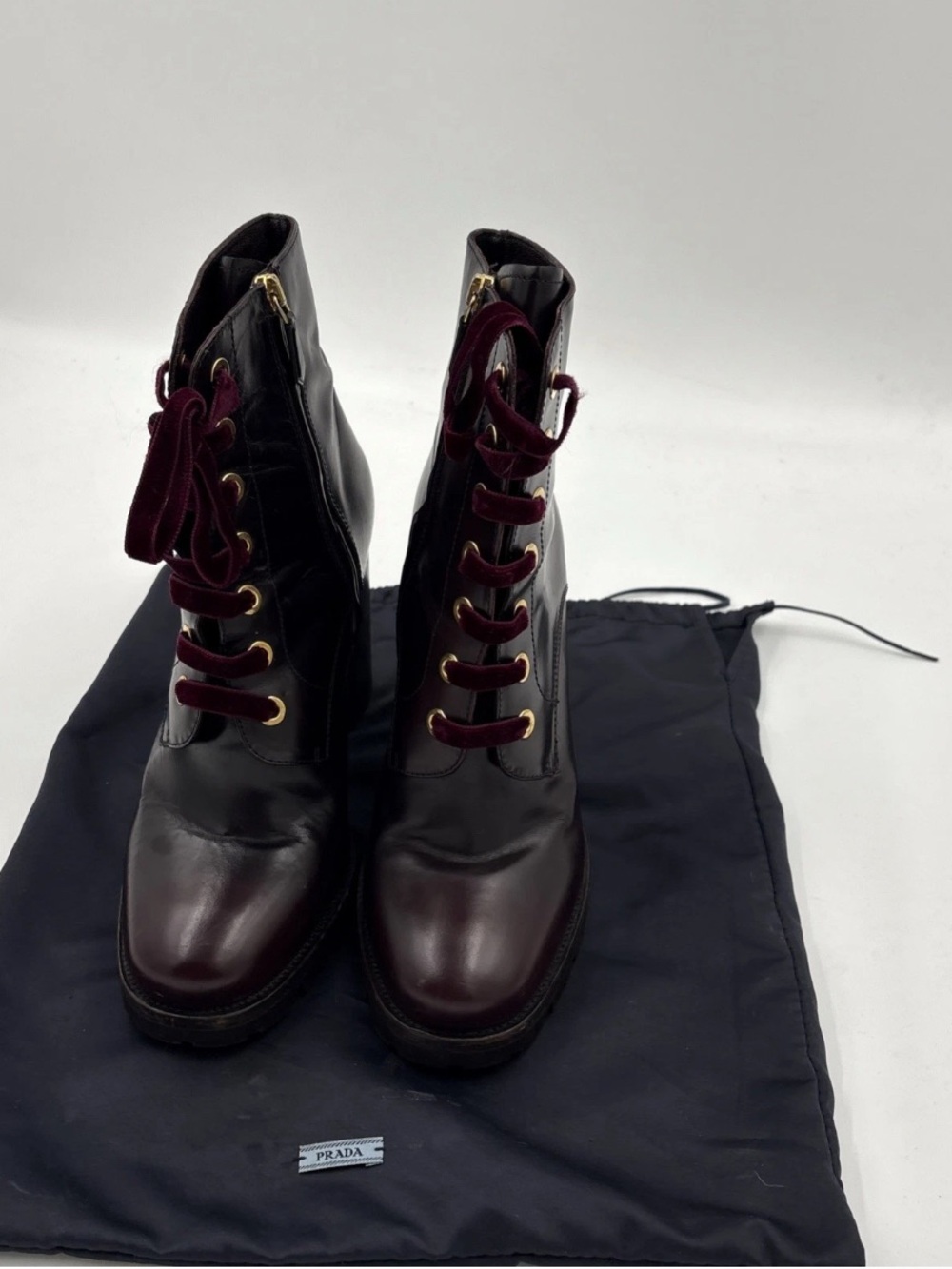 Prada Black and Burgundy Leather Lace-Up Ankle Half Boots